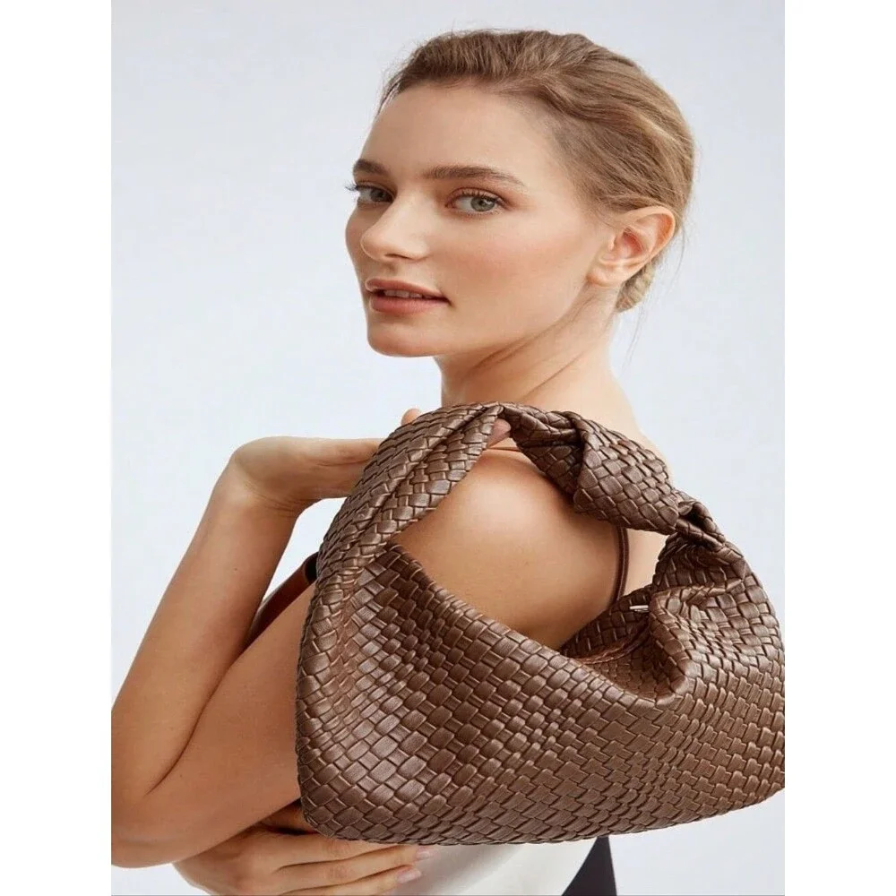 MOTF Premium Vegan Leather Textured Bagette HandBag - Brown Purse - Bow Detail